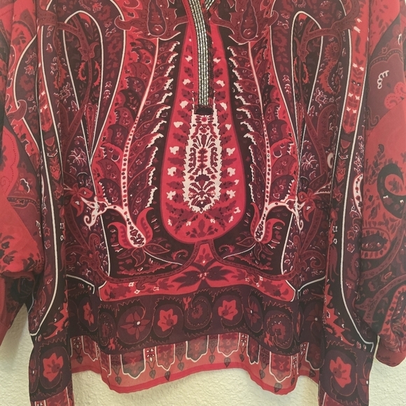 Lane Bryant 22/24 Beaded Red Paisley Dolman Sleeve Chiffon Blouse - Picture 6 of 8